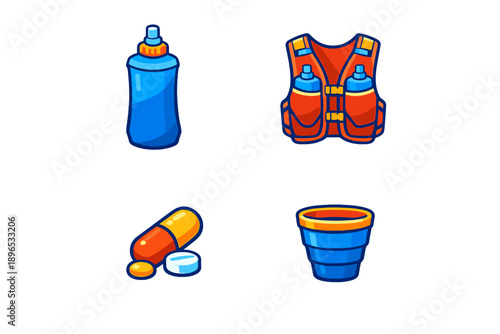 Various fitness items displayed including a water bottle, a hydration vest, a pill capsule, and a container for workout supplements in a simple layout