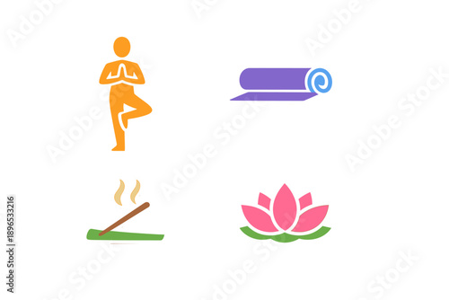 Yoga practice includes a person in a pose, a yoga mat, incense, and a lotus flower during a wellness session