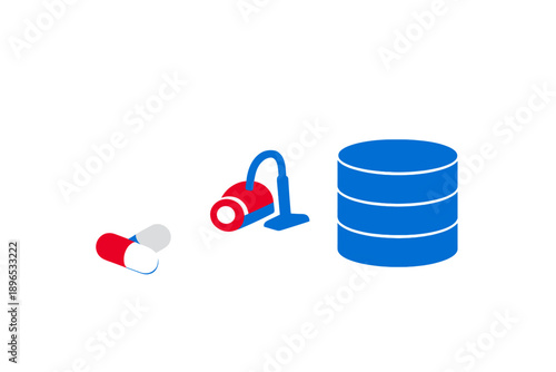 Graphic showing a red and white pill, a vacuum cleaner, and a blue storage container placed on a white background