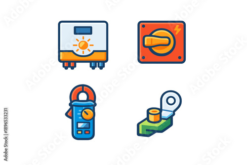 Icons of electrical tools and equipment used in various installations and repairs for homes and businesses in a modern design style