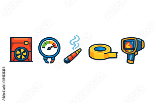 Tools and equipment for heating ventilation and air conditioning work in a workshop setting during daytime