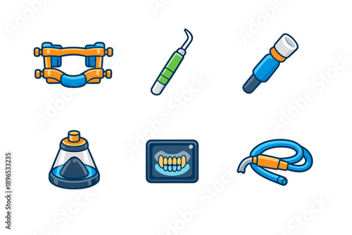 Dental tools and equipment are displayed on a white background showing various instruments for oral health care procedures and treatments