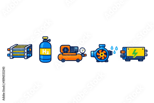 Different types of equipment used in industrial processes including a heat exchanger, pressure tank, air compressor, water pump, and generator