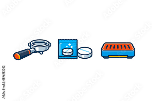 Equipment used in coffee preparation with espresso tamper, coffee tablets, and other tools for making beverages in a coffee shop setting