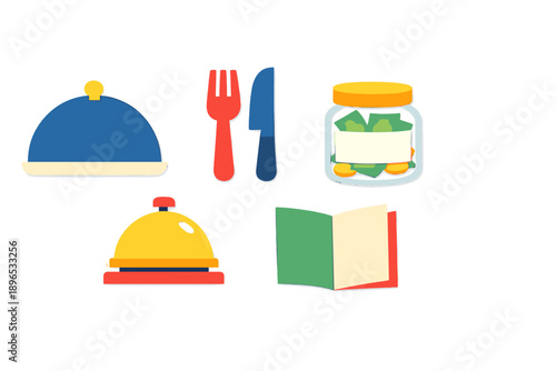 Kitchen items including utensils, a menu, and a money jar on a plain background showing different aspects of food service