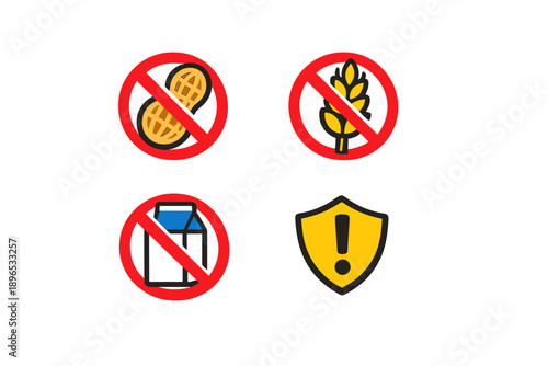 Food allergy warning symbols show items that should be avoided for safety in various food settings and environments to protect people with allergies in an indoor space