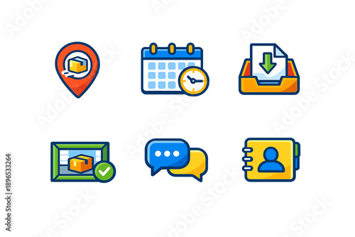 Icons show delivery tracking, scheduling, document management, and communication tools for organizing tasks and information