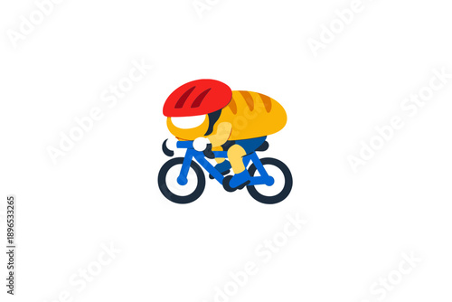 Funny character rides bicycle while delivering bread from a bakery during the day