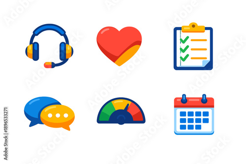 Icons representing customer service, feedback, organization, communication, performance, and scheduling in a modern design