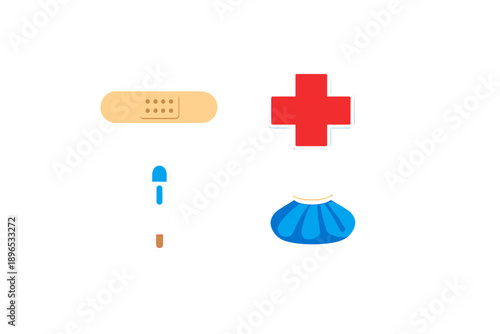 First aid kit contains a bandage, thermometer, and ice pack for treating injuries at home or in a medical setting