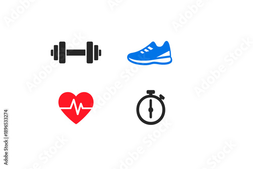 Fitness icons show weights, running shoes, heart symbol, and timer used for exercise and health tracking