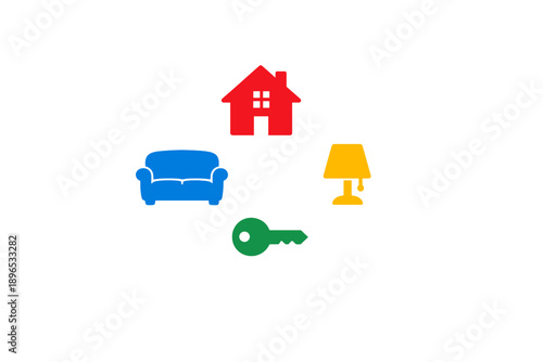 Icons of home and comfort with a house, sofa, lamp, and key displayed against a white background in a simple layout
