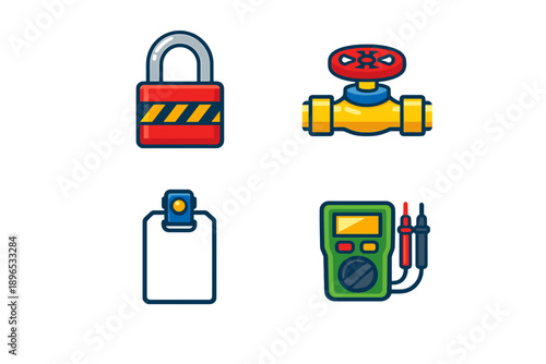 Locks and tools used in plumbing work shown together on a white background with a focus on safety and measurement