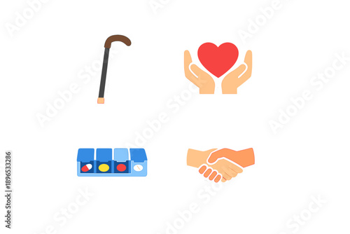 Hands hold a red heart and shake hands near a cane and a medicine box in a simple healthcare scene