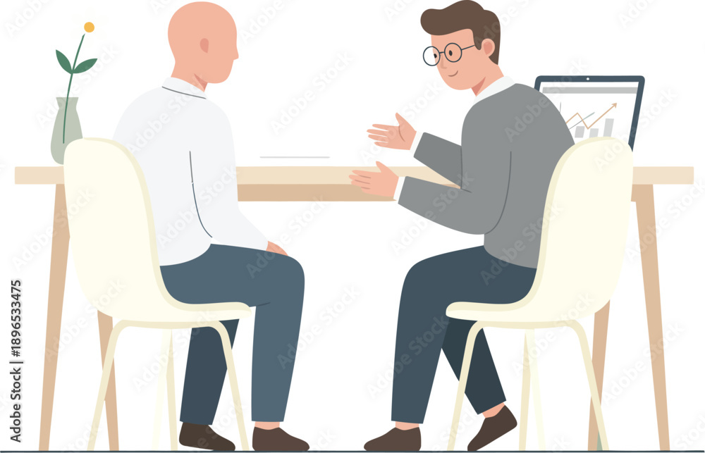 Fototapeta premium Dialogue in Office: Two individuals engage in a professional discussion at a modern desk. The scene captures the essence of a workplace exchange, focusing on interaction and dialogue.