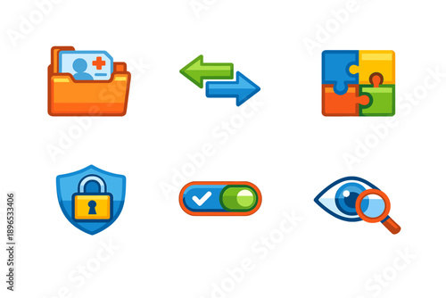 Icons representing various concepts related to data sharing, security, and organization in a digital environment, suitable for business or technology applications