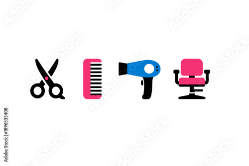 Various tools used in a hair salon including scissors, comb, hair dryer, and styling chair shown on a plain background