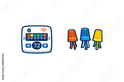 Smart thermostat control panel shows temperature setting while colorful energy-saving light bulbs are placed next to it for home energy management