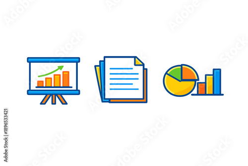 Presentation shows a bar graph, documents, and a pie chart to explain data in a business meeting during daytime