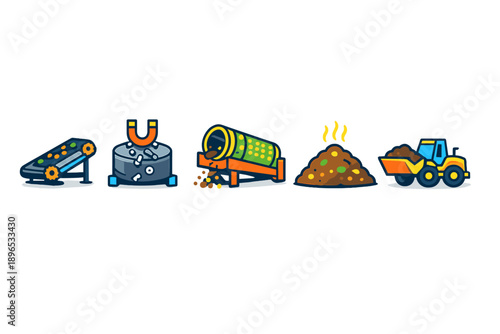 Steps of material processing in a mining operation showing equipment and activities involved in extracting resources and moving materials