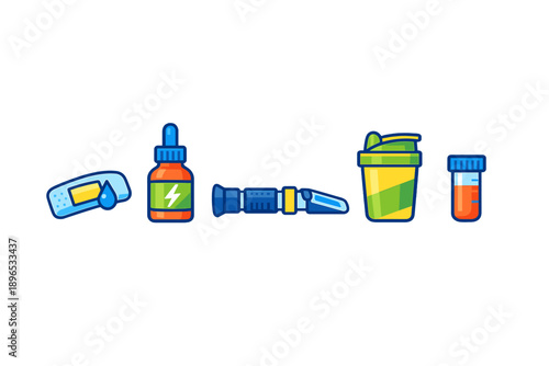 Different health and wellness items on a white background showing products for care, recovery, and nutrition used by individuals during exercise or daily activities