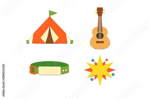 Kids play with camp gear in a backyard during summer with a tent, a guitar, a camp belt, and sparklers nearby, enjoying fun outdoor activities with friends and family