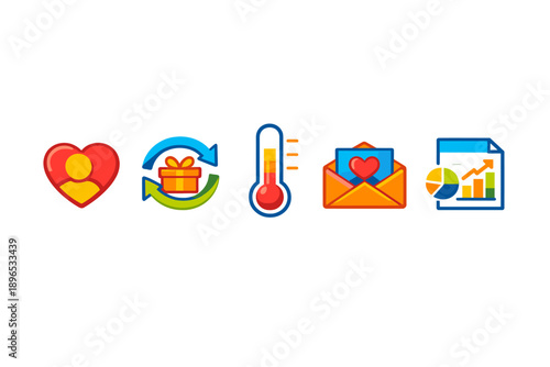 Icons represent different concepts like love, exchange, temperature, communication, and data analysis, showing the connection between emotions and practical actions