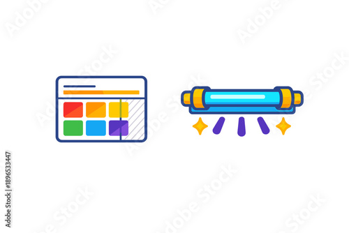 Design elements for a user interface showing a colorful grid layout and a glowing highlight bar in a modern style