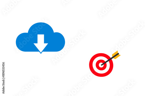 Cloud download symbol and target icon with an arrow hitting the center, representing online services and goal achievement