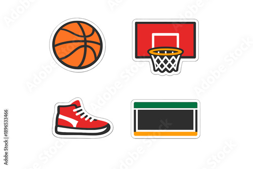 Basketball items including a ball, hoop, shoes, and backboard displayed together