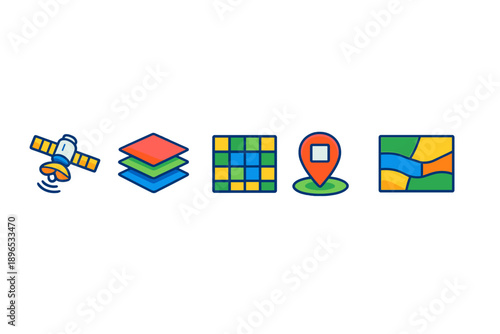 Icons representing satellite technology, mapping layers, grid patterns, location markers, and geographical maps used in various applications for navigation and data analysis