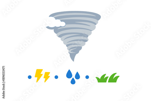 Tornado with lightning, rain and grass in a simple graphic design showing weather elements during a storm