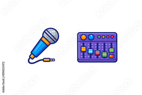 Mic and audio mixer are placed side by side for sound recording and music production in a studio setting during daytime hours