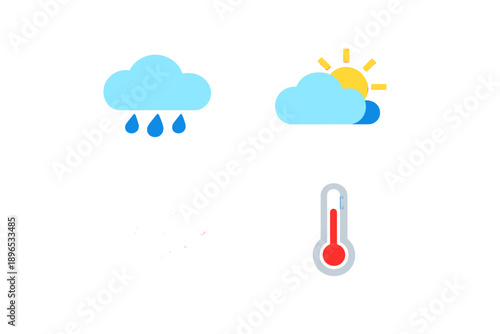Icons show different weather conditions including rain, sun, wind, and temperature display in a simple format on a plain background