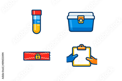 Collection of medical items showing a test tube, a cooler, a locked ribbon, and a clipboard held by hands in a clinical setting