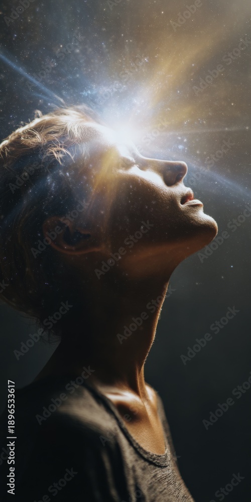 Obraz premium Young caucasian female with radiant light and cosmic aura