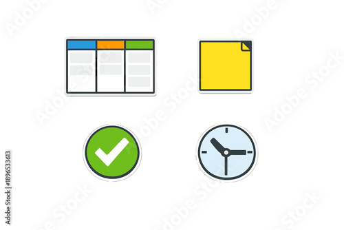 Icons showing a checklist, sticky note, clock, and task board on a white background for project management and organization