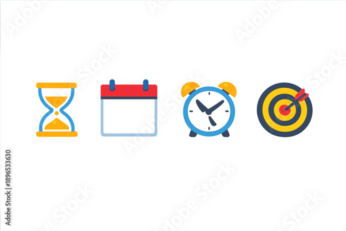 Clock, hourglass, calendar, and target show time management tools for planning and achieving goals in daily tasks and projects