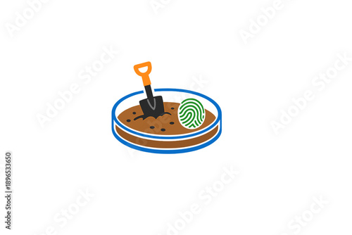 Digging for clues in a sandbox with a shovel and a fingerprint in the center during an exploration activity for young investigators