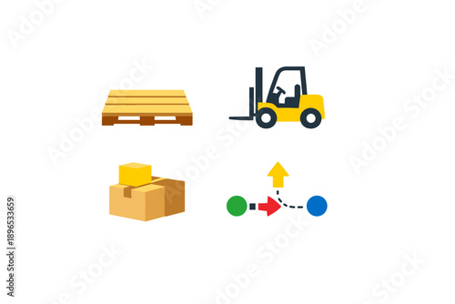 Forklift moves boxes on pallet in warehouse during day while workers manage inventory and prepare for shipping to customers