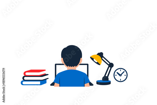 Student sits at desk working on laptop while surrounded by books, desk lamp, and clock during study time