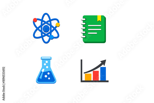 Icons represent science, learning, and growth in educational activities during a school project or classroom setting