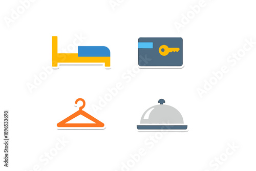 Icons representing a hotel stay with a bed, key card, hanger, and room service bell showing common elements of hospitality settings