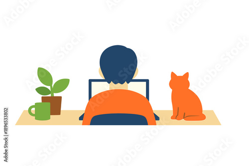 Person works on laptop at home with cat and plant on desk during daytime