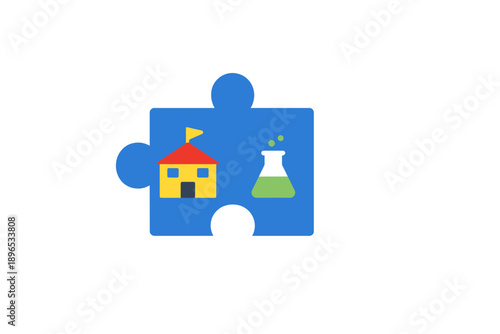Puzzle piece shows a house and a flask, representing education and science in a creative learning environment for children