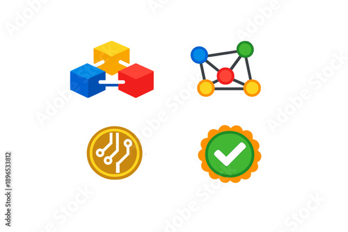 Colorful symbols of technology show blocks, networks, circuits, and badges in a clear layout to represent different aspects of digital systems and their functions
