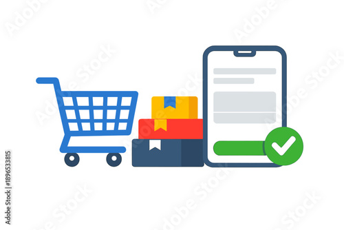 Shopping cart with packages and mobile phone showing order confirmation during online shopping process at home