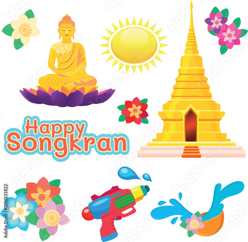 Songkran Festival Icon Set with Buddha, Temple, Flowers and Water Splash, vector