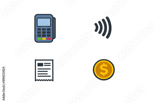 Payment terminal with contactless symbol, receipt, and coin displayed together in a simple layout at a store setting in a busy city