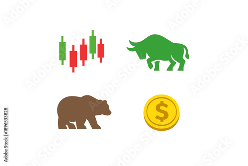 Financial symbols showing bull and bear market trends with candlestick chart and dollar sign representing stock market activity